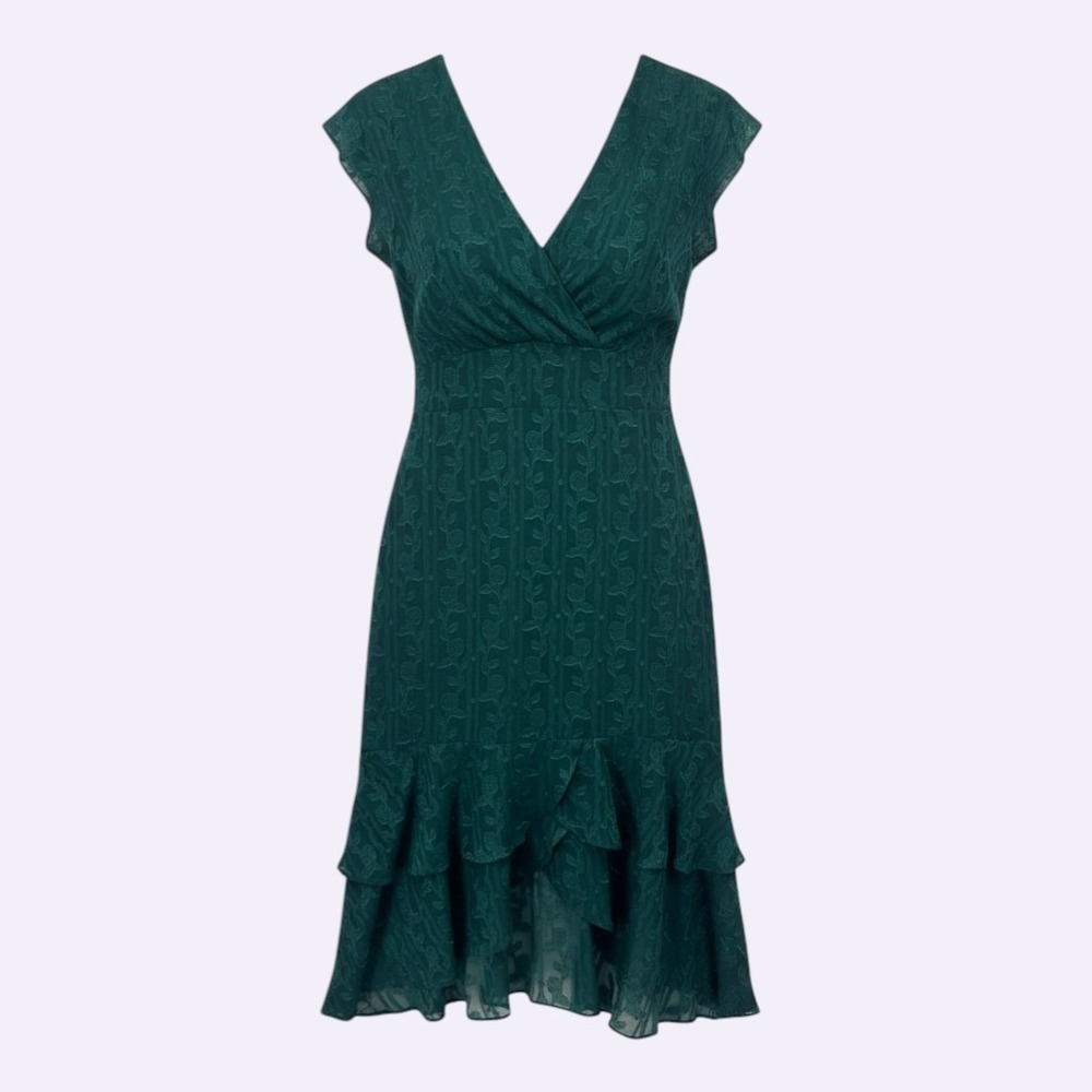 Adelyn Rae Floral Burnout Ruffle Hem V-Neck Midi Dress Green Size L